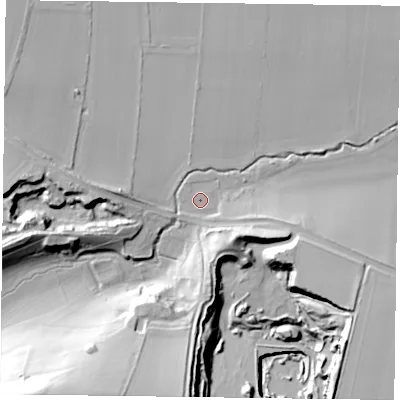 Shaded relief map of the ground around YO624NN, computed from Environment Agency LiDAR. The ground here sits at about 33 m above sea level and falls 58 m across the surrounding 800 m. Surface water reaching this point runs off ground lying to the south-east, 20.6 m higher.