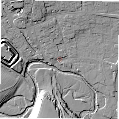 Shaded relief map of the ground around YO625AA, computed from Environment Agency LiDAR. The ground here sits at about 51 m above sea level and falls 32 m across the surrounding 800 m. Surface water reaching this point runs off ground lying to the north-north-west, 13.9 m higher.