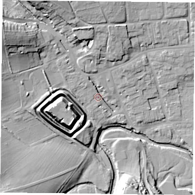 Shaded relief map of the ground around YO625AB, computed from Environment Agency LiDAR. The ground here sits at about 55 m above sea level and falls 30 m across the surrounding 800 m. Surface water reaching this point runs off ground lying to the north-west, 24.8 m higher.