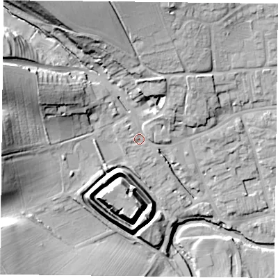 Shaded relief map of the ground around YO625AD, computed from Environment Agency LiDAR. The ground here sits at about 57 m above sea level and falls 35 m across the surrounding 800 m. Surface water reaching this point runs off ground lying to the west-north-west, 26.4 m higher.