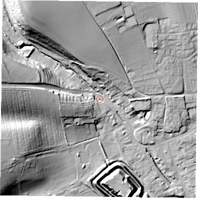 Shaded relief map of the ground around YO625AE, computed from Environment Agency LiDAR. The ground here sits at about 59 m above sea level and falls 42 m across the surrounding 800 m. Surface water reaching this point runs off ground lying to the north-west, 34.6 m higher.