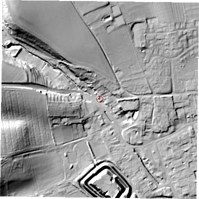Shaded relief map of the ground around YO625AG, computed from Environment Agency LiDAR. The ground here sits at about 59 m above sea level and falls 42 m across the surrounding 800 m. Surface water reaching this point runs off ground lying to the north-west, 34.5 m higher.