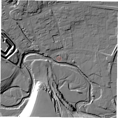 Shaded relief map of the ground around YO625AY, computed from Environment Agency LiDAR. The ground here sits at about 50 m above sea level and falls 36 m across the surrounding 800 m. Surface water reaching this point runs off ground lying to the north, 2.0 m higher.