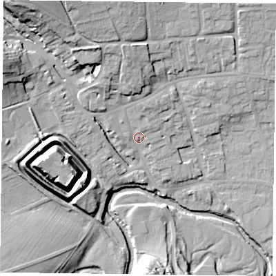 Shaded relief map of the ground around YO625BG, computed from Environment Agency LiDAR. The ground here sits at about 55 m above sea level and falls 26 m across the surrounding 800 m. Surface water reaching this point runs off ground lying to the north-north-east, 4.1 m higher.