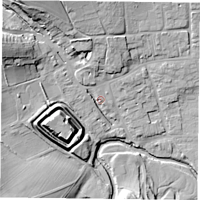 Shaded relief map of the ground around YO625BL, computed from Environment Agency LiDAR. The ground here sits at about 56 m above sea level and falls 29 m across the surrounding 800 m. Surface water reaching this point runs off ground lying to the west-north-west, 23.3 m higher.