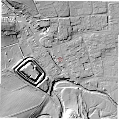 Shaded relief map of the ground around YO625BN, computed from Environment Agency LiDAR. The ground here sits at about 55 m above sea level and falls 27 m across the surrounding 800 m. Surface water reaching this point runs off ground lying to the north, 10.3 m higher.