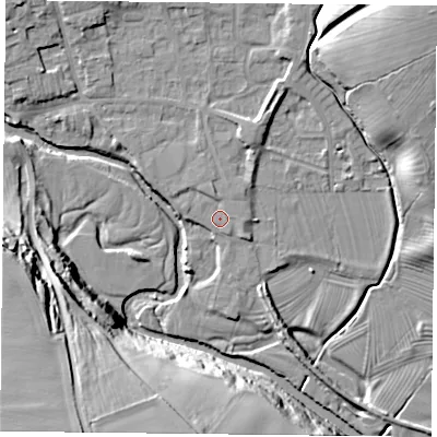 Shaded relief map of the ground around YO625DQ, computed from Environment Agency LiDAR. The ground here sits at about 51 m above sea level and falls 44 m across the surrounding 800 m. Surface water reaching this point runs off ground lying to the north-north-east, 2.6 m higher.