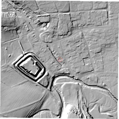 Shaded relief map of the ground around YO625DR, computed from Environment Agency LiDAR. The ground here sits at about 53 m above sea level and falls 27 m across the surrounding 800 m. Surface water reaching this point runs off ground lying to the north-west, 22.9 m higher.