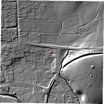 Shaded relief map of the ground around YO625DS, computed from Environment Agency LiDAR. The ground here sits at about 54 m above sea level and falls 19 m across the surrounding 800 m. Surface water reaching this point runs off ground lying to the west-north-west, 3.1 m higher.