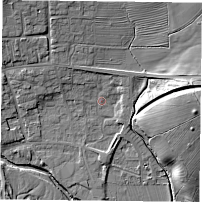Shaded relief map of the ground around YO625DT, computed from Environment Agency LiDAR. The ground here sits at about 53 m above sea level and falls 19 m across the surrounding 800 m. Surface water reaching this point runs off ground lying to the north-west, 4.3 m higher.