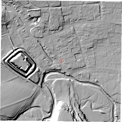 Shaded relief map of the ground around YO625DX, computed from Environment Agency LiDAR. The ground here sits at about 53 m above sea level and falls 28 m across the surrounding 800 m. Surface water reaching this point runs off ground lying to the north-west, 17.6 m higher.