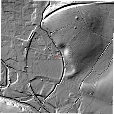 Shaded relief map of the ground around YO625FH, computed from Environment Agency LiDAR. The ground here sits at about 50 m above sea level and falls 27 m across the surrounding 800 m. Surface water reaching this point runs off ground lying to the north-north-east, 1.5 m higher.