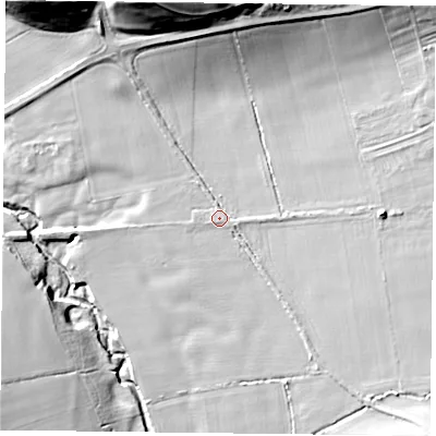 Shaded relief map of the ground around YO625HY, computed from Environment Agency LiDAR. The ground here sits at about 53 m above sea level and falls 28 m across the surrounding 800 m. Surface water reaching this point runs off ground lying to the north, 24.7 m higher.