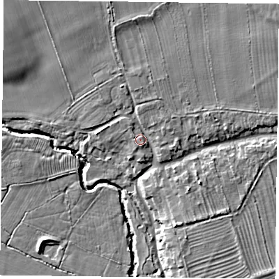 Shaded relief map of the ground around YO625JE, computed from Environment Agency LiDAR. The ground here sits at about 45 m above sea level and falls 10 m across the surrounding 800 m. Surface water reaching this point runs off ground lying to the north-north-west, 3.0 m higher.