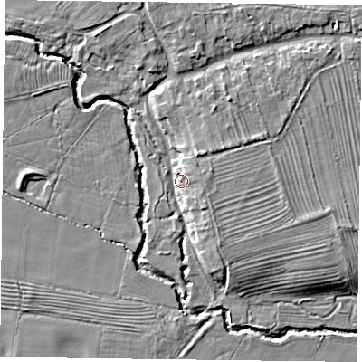 Shaded relief map of the ground around YO625JG, computed from Environment Agency LiDAR. The ground here sits at about 43 m above sea level and falls 9 m across the surrounding 800 m. Surface water reaching this point runs off ground lying to the north, 5.3 m higher.