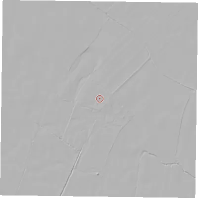 Shaded relief map of the ground around YO625JH, computed from Environment Agency LiDAR. The ground here sits at about 37 m above sea level and falls 5 m across the surrounding 800 m. Surface water reaching this point runs off ground lying to the west, 0.6 m higher.