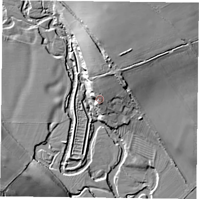 Shaded relief map of the ground around YO625JN, computed from Environment Agency LiDAR. The ground here sits at about 52 m above sea level and falls 20 m across the surrounding 800 m. Surface water reaching this point runs off ground lying to the north-north-east, 2.6 m higher.