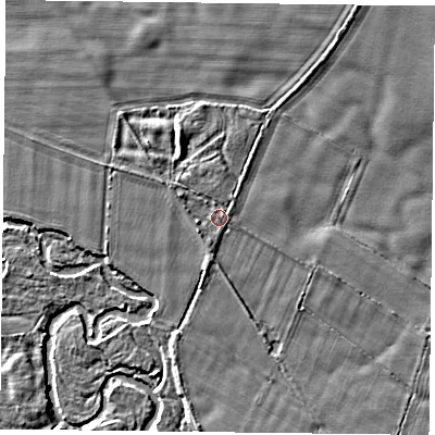 Shaded relief map of the ground around YO625JQ, computed from Environment Agency LiDAR. The ground here sits at about 39 m above sea level and falls 5 m across the surrounding 800 m. Surface water reaching this point runs off ground lying to the west-north-west, 1.2 m higher.