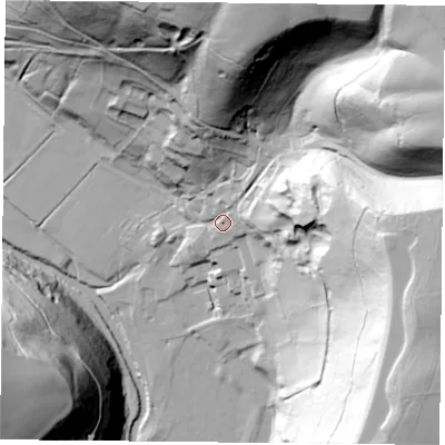 Shaded relief map of the ground around YO625LB, computed from Environment Agency LiDAR. The ground here sits at about 90 m above sea level and falls 98 m across the surrounding 800 m. Surface water reaching this point runs off ground lying to the east, 70.9 m higher.