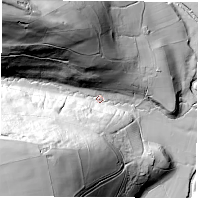 Shaded relief map of the ground around YO625LH, computed from Environment Agency LiDAR. The ground here sits at about 96 m above sea level and falls 113 m across the surrounding 800 m. Surface water reaching this point runs off ground lying to the north-west, 101.9 m higher.