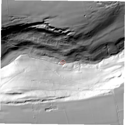 Shaded relief map of the ground around YO625LQ, computed from Environment Agency LiDAR. The ground here sits at about 133 m above sea level and falls 109 m across the surrounding 800 m. Surface water reaching this point runs off ground lying to the south-west, 100.5 m higher.