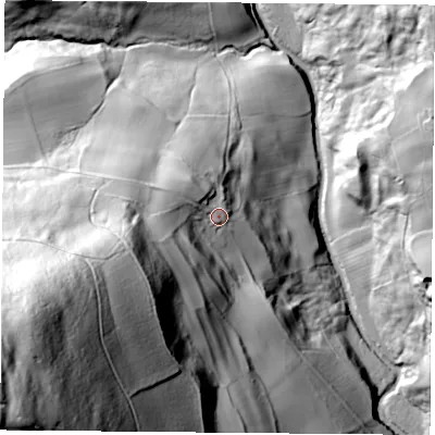 Shaded relief map of the ground around YO625LS, computed from Environment Agency LiDAR. The ground here sits at about 159 m above sea level and falls 168 m across the surrounding 800 m. Surface water reaching this point runs off ground lying to the west-south-west, 101.3 m higher.