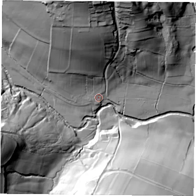 Shaded relief map of the ground around YO625QR, computed from Environment Agency LiDAR. The ground here sits at about 110 m above sea level and falls 62 m across the surrounding 800 m. Surface water reaching this point runs off ground lying to the north, 54.1 m higher.