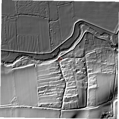 Shaded relief map of the ground around YO625UR, computed from Environment Agency LiDAR. The ground here sits at about 32 m above sea level and falls 38 m across the surrounding 800 m. Surface water reaching this point runs off ground lying to the south, 36.1 m higher.