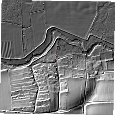 Shaded relief map of the ground around YO625UX, computed from Environment Agency LiDAR. The ground here sits at about 33 m above sea level and falls 38 m across the surrounding 800 m. Surface water reaching this point runs off ground lying to the south-south-west, 32.9 m higher.