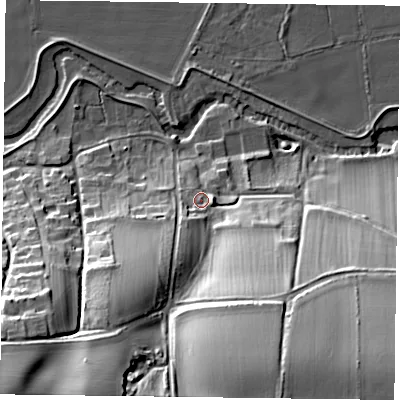 Shaded relief map of the ground around YO625UY, computed from Environment Agency LiDAR. The ground here sits at about 39 m above sea level and falls 44 m across the surrounding 800 m. Surface water reaching this point runs off ground lying to the south-south-west, 10.5 m higher.