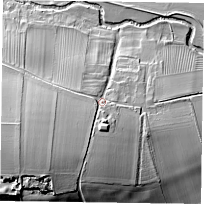 Shaded relief map of the ground around YO625XD, computed from Environment Agency LiDAR. The ground here sits at about 39 m above sea level and falls 32 m across the surrounding 800 m. Surface water reaching this point runs off ground lying to the south-west, 16.9 m higher.