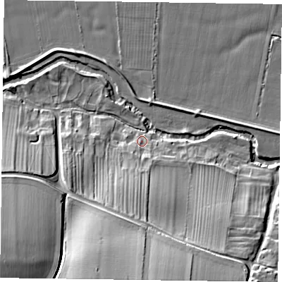 Shaded relief map of the ground around YO625XE, computed from Environment Agency LiDAR. The ground here sits at about 30 m above sea level and falls 33 m across the surrounding 800 m. Surface water reaching this point runs off ground lying to the south-south-west, 24.1 m higher.