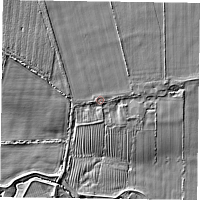 Shaded relief map of the ground around YO625XF, computed from Environment Agency LiDAR. The ground here sits at about 29 m above sea level and falls 6 m across the surrounding 800 m. Surface water reaching this point runs off ground lying to the west-south-west, 1.4 m higher.