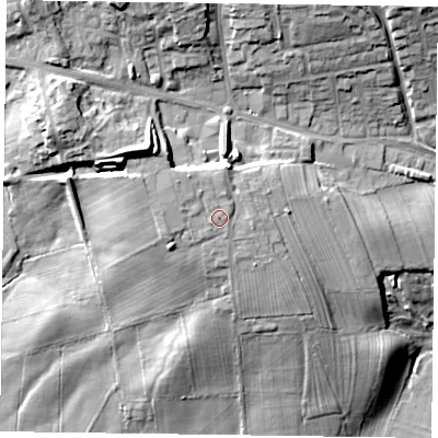 Shaded relief map of the ground around YO626DN, computed from Environment Agency LiDAR. The ground here sits at about 53 m above sea level and falls 23 m across the surrounding 800 m. Surface water reaching this point runs off ground lying to the north-west, 2.0 m higher.