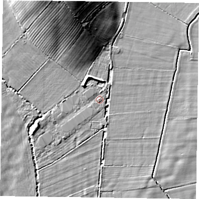 Shaded relief map of the ground around YO626EY, computed from Environment Agency LiDAR. The ground here sits at about 34 m above sea level and falls 16 m across the surrounding 800 m. Surface water reaching this point runs off ground lying to the north-north-west, 12.9 m higher.