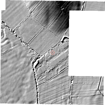 Shaded relief map of the ground around YO626EZ, computed from Environment Agency LiDAR. The ground here sits at about 34 m above sea level and falls 15 m across the surrounding 800 m. Surface water reaching this point runs off ground lying to the north-north-west, 1.3 m higher.