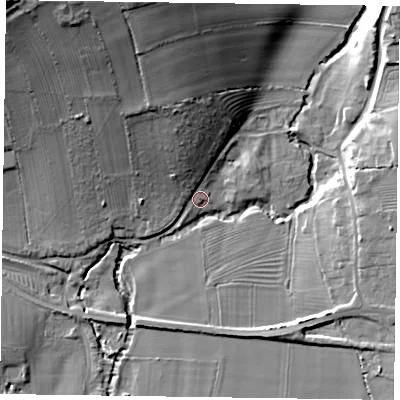 Shaded relief map of the ground around YO626LZ, computed from Environment Agency LiDAR. The ground here sits at about 42 m above sea level and falls 32 m across the surrounding 800 m. Surface water reaching this point runs off ground lying to the north-north-west, 6.5 m higher.