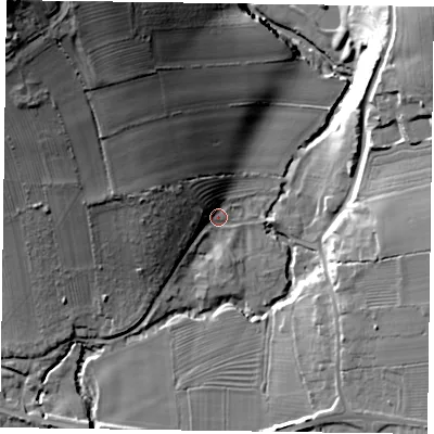 Shaded relief map of the ground around YO626NA, computed from Environment Agency LiDAR. The ground here sits at about 42 m above sea level and falls 44 m across the surrounding 800 m. Surface water reaching this point runs off ground lying to the north-west, 17.5 m higher.