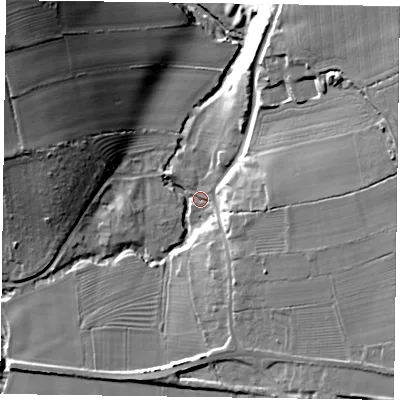 Shaded relief map of the ground around YO626NB, computed from Environment Agency LiDAR. The ground here sits at about 41 m above sea level and falls 40 m across the surrounding 800 m. Surface water reaching this point runs off ground lying to the north-east, 37.2 m higher.