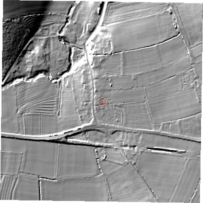 Shaded relief map of the ground around YO626ND, computed from Environment Agency LiDAR. The ground here sits at about 48 m above sea level and falls 39 m across the surrounding 800 m. Surface water reaching this point runs off ground lying to the north-east, 27.2 m higher.