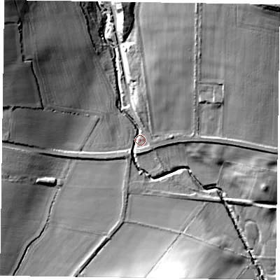 Shaded relief map of the ground around YO626NF, computed from Environment Agency LiDAR. The ground here sits at about 48 m above sea level and falls 40 m across the surrounding 800 m. Surface water reaching this point runs off ground lying to the north-west, 31.0 m higher.