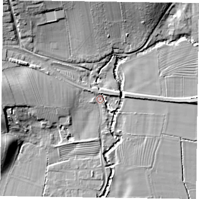 Shaded relief map of the ground around YO626NP, computed from Environment Agency LiDAR. The ground here sits at about 39 m above sea level and falls 17 m across the surrounding 800 m. Surface water reaching this point runs off ground lying to the west-north-west, 5.2 m higher.