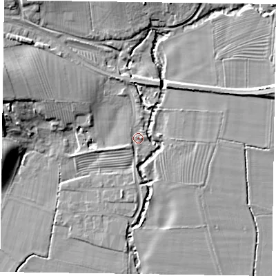 Shaded relief map of the ground around YO626NR, computed from Environment Agency LiDAR. The ground here sits at about 39 m above sea level and falls 12 m across the surrounding 800 m. Surface water reaching this point runs off ground lying to the north-west, 6.0 m higher.