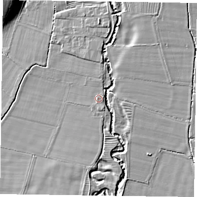 Shaded relief map of the ground around YO626NS, computed from Environment Agency LiDAR. The ground here sits at about 37 m above sea level and falls 11 m across the surrounding 800 m. Surface water reaching this point runs off ground lying to the east-south-east, 0.7 m higher.