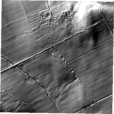 Shaded relief map of the ground around YO626NY, computed from Environment Agency LiDAR. The ground here sits at about 41 m above sea level and falls 32 m across the surrounding 800 m. Surface water reaching this point runs off ground lying to the north-east, 8.0 m higher.