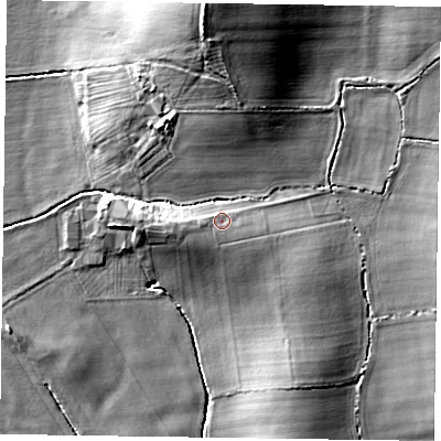 Shaded relief map of the ground around YO626PF, computed from Environment Agency LiDAR. The ground here sits at about 32 m above sea level and falls 17 m across the surrounding 800 m. Surface water reaching this point runs off ground lying to the south-east, 0.9 m higher.