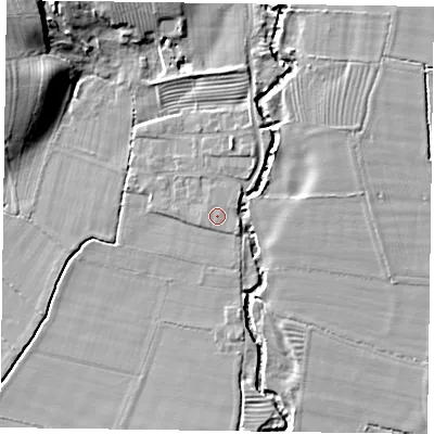 Shaded relief map of the ground around YO626PG, computed from Environment Agency LiDAR. The ground here sits at about 38 m above sea level and falls 15 m across the surrounding 800 m. Surface water reaching this point runs off ground lying to the east-south-east, 0.6 m higher.