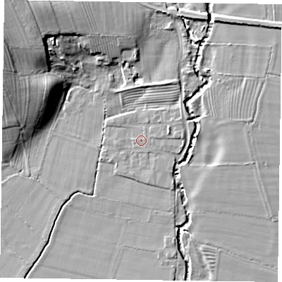 Shaded relief map of the ground around YO626QR, computed from Environment Agency LiDAR. The ground here sits at about 38 m above sea level and falls 16 m across the surrounding 800 m. The ground contributing surface water to this point lies to the east.