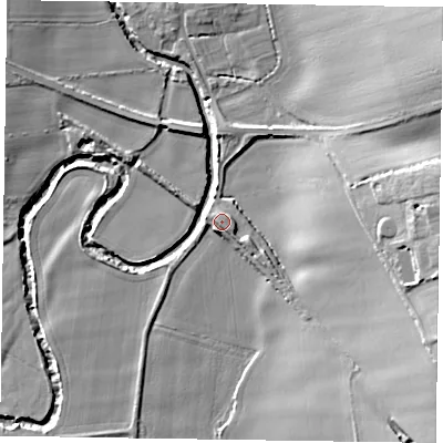 Shaded relief map of the ground around YO626RA, computed from Environment Agency LiDAR. The ground here sits at about 39 m above sea level and falls 19 m across the surrounding 800 m. Surface water reaching this point runs off ground lying to the south-east, 2.4 m higher.