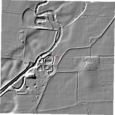 Shaded relief map of the ground around YO626RB, computed from Environment Agency LiDAR. The ground here sits at about 33 m above sea level and falls 8 m across the surrounding 800 m. Surface water reaching this point runs off ground lying to the north-east, 2.9 m higher.